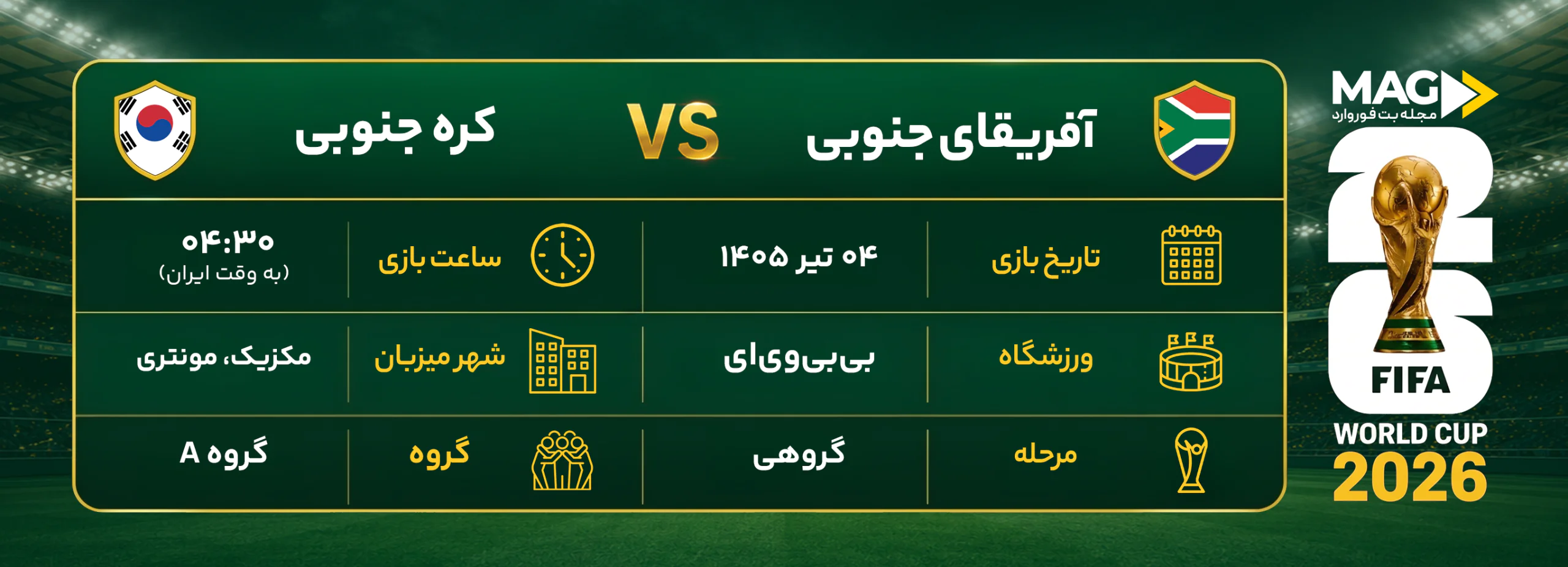پیش بینی بازی آفریقای جنوبی – کره جنوبی | آنالیز کامل جام جهانی ۲۰۲۶ پیش بینی بازی آفریقای جنوبی – کره جنوبی | آنالیز کامل جام جهانی ۲۰۲۶