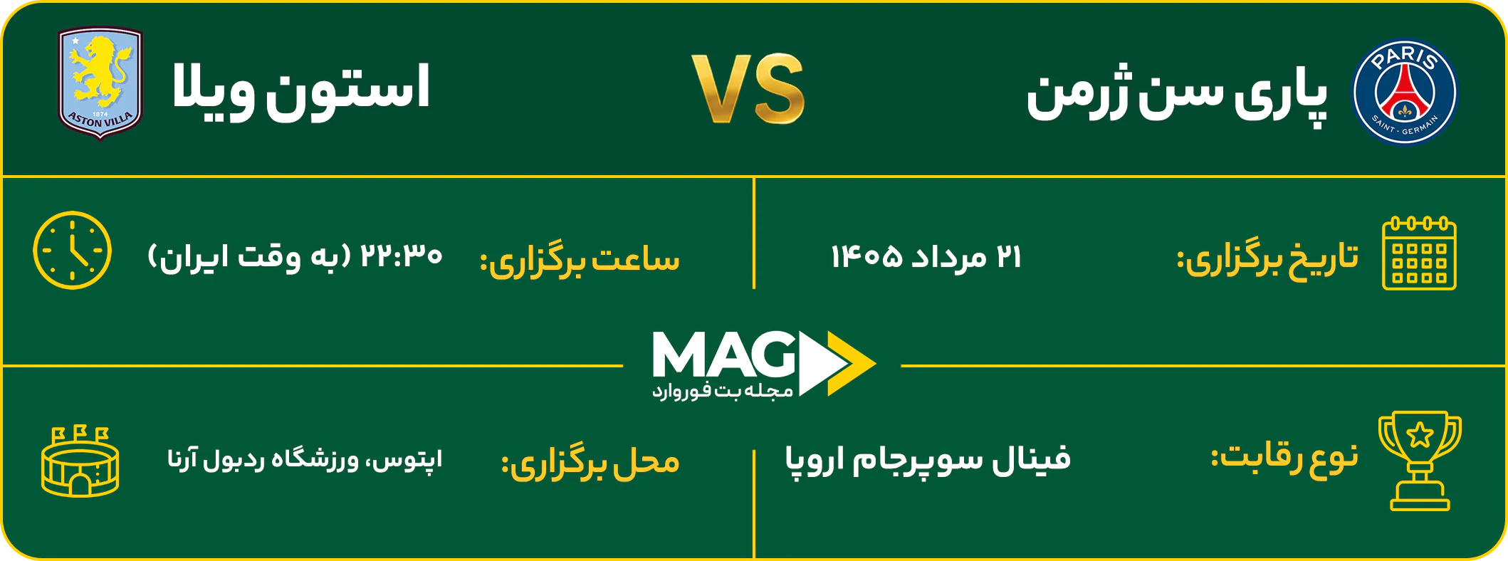 پیش بینی بازی پاری سن ژرمن – استون ویلا در فینال سوپرجام اروپا 2026 پیش بینی بازی پاری سن ژرمن – استون ویلا در فینال سوپرجام اروپا 2026